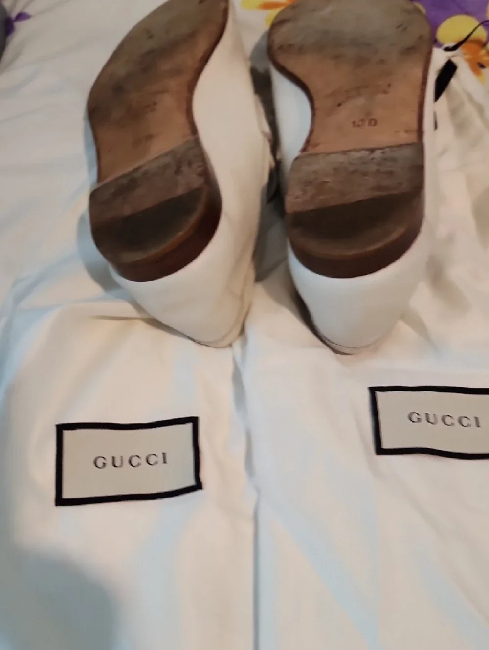 Gucci Ivory Canvas Loafers with Red & Blue Web Stripe